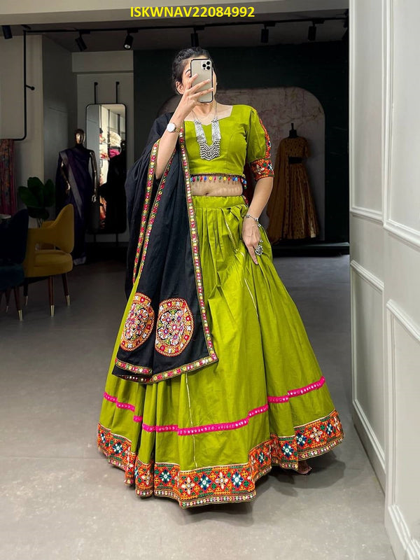 Embroidered Cotton Lehenga With Blouse And Dupatta-ISKWNAV22084992