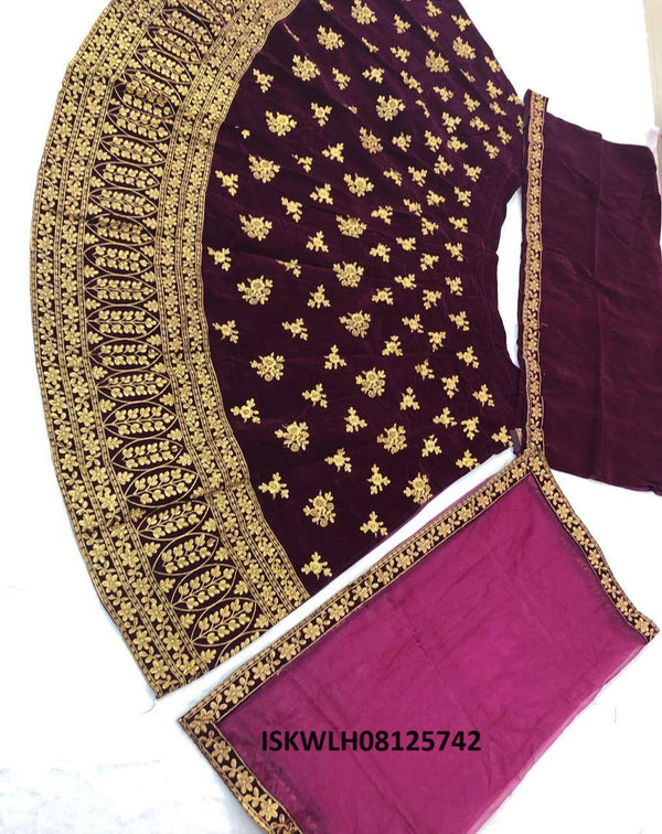 Embroidered Velvet Lehenga With Blouse And Net Dupatta-ISKWLH08125742