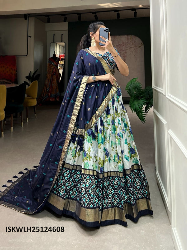 Floral And Patola Printed Tussar Silk Lehenga With Blouse And Dupatta-ISKWLH25124608