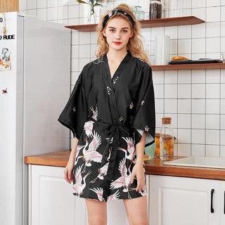 Women Robe Kimono Bathrobe Navy Blue Print Nightgown Sleepwear Silky Soft Satin Nightwear Sexy Short Nightdress Casual Homewear - Ishaanya